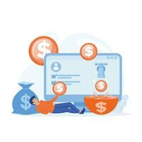 man getting paid from online work, person relaxing with computer paying money in her wallet, flat vector modern illustration