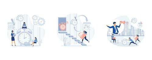 Close up Alarm Clock, Businesswoman running in hurry to chase deadline time while carrying paperwork,  Time management, manager pressure at workplace, set flat modern vector illustration