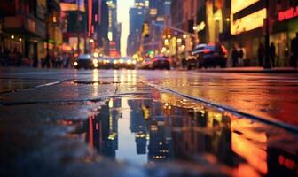 Wet road made of paving stones. Road, light, rain. background. For banner, postcard, book illustration Created with generative AI tools photo