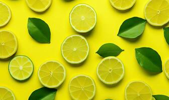 Lemon with leaves wallpaper. Slice of citrus fruits on yellow background. For banner, postcard, book illustration, card. Created with generative AI tools photo