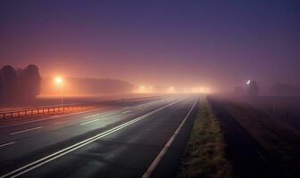 clásico noche ver de el la carretera. noche la carretera después lluvia. autopista a ciudad en puesta de sol. para bandera, libro ilustración creado con generativo ai herramientas foto