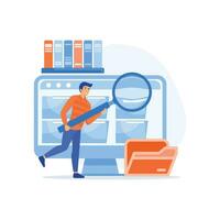 Teamwork. Files search,Monitor display documents and media content.  flat vector modern illustration