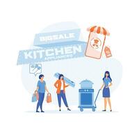 grande rebaja de cocina accesorios, contento los compradores a el rebaja de equipo. plano vector moderno ilustración