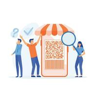 personas exploración qr código para pago vía teléfono inteligente gente de negocios escanear código utilizando móvil teléfono. plano vector moderno ilustración