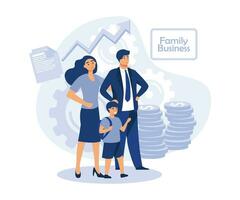 Family Business Concept, Efficient Mechanism Against Background with Gold Coins, Gearing and Increasing Performance Graphs, flat vector modern illustration