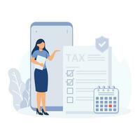 Taxation planning concept. Characters using tax calendar to filling tax declaration form online and with financial adviser.  flat vector modern illustration