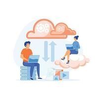 Cloud computing concept, Man and woman processing information at laptops using cloud technology, flat vector modern illustration