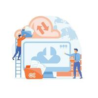 Cloud technology. People storing data on cloud server. flat vector modern illustration