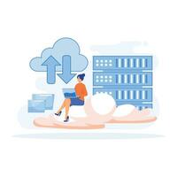 Big Data and Cloud Computing, Business characters using remote servers to analyzing large sets of data and recognizing mistakes, flat vector modern illustration