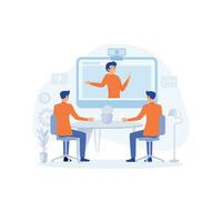 Consulting and training concept. Business team at the video conference call in boardroom, flat vector modern illustration