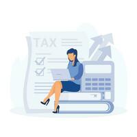 Taxation planning concept. Characters using tax calendar to filling tax declaration form online and with financial adviser.  flat vector modern illustration