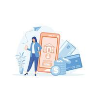 Mobile banking concept. Woman pays for purchases or sends money using smartphone app. Financial account service online.  flat vector modern illustration