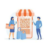 QR code scanning concept, people use smartphone and scan QR code for payment and everything, flat vector modern illustration