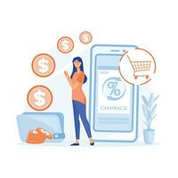 Banking system cashback on Internet. cash from purchases from online store to large wallet. flat vector modern illustration