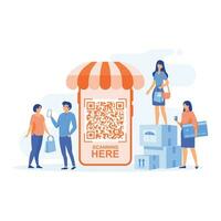 QR code concept, young people scanning barcode using mobile smartphone for online shopping and payment, flat vector modern illustration