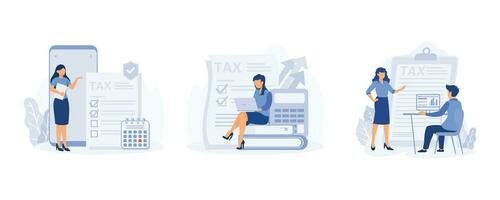 Taxation planning concept. Characters using tax calendar to filling tax declaration form online and with financial adviser. set flat vector modern illustration