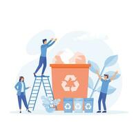 Ecology concept. People take care about planet ecology. Garbage container with trees, plants and volunteer people. flat vector modern illustration