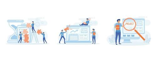 Project management. work flow organization,  teamwork. Marketing analysis and development. Project tracking. set flat vector modern illustration