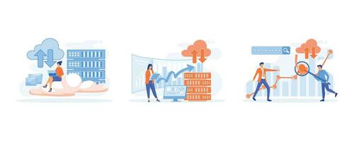Big Data and Cloud Computing. Business characters using remote servers to analyzing large sets of data and recognizing mistakes. Actionable data, set flat vector modern illustration