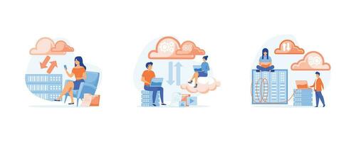 Cloud storage concept, information hosting technology, data storage and backup, Cloud data server, set flat vector modern illustration