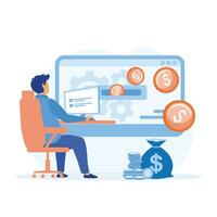 Earning money online, man working on desk with computer and money flowing from screen, flat vector modern illustration