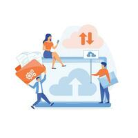 cloud server storage concept. team administrator and developer working with computer monitor.  flat vector modern illustration