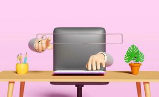 3d search bar with businessman hand pointing finger, magnifying glass, office room isolated on pink background. web search engine, web browsing concept, 3d render illustration photo