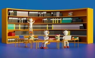 Stick man with book shelves in library ,education and learning concept ,3d illustration or 3d rendering photo