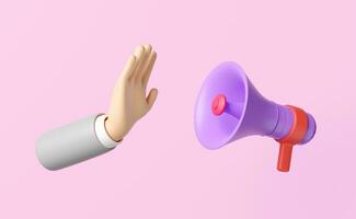 3d hand stop with megaphone isolated on pink background. Don't use the sound, 3d render illustration photo