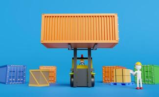 Stick man with shipping container for import export and forklift and goods and pallet ,logistic service concept ,3d illustration or 3d rendering photo