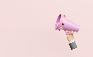 businessman hands holding pink megaphone or hand speaker isolated on pink background ,Concept 3d illustration or 3d render photo