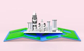 skyscraper building in big city with map isolated on pink background. 3d render illustration photo
