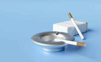 3d ashtray with cigarette pack isolated on blue background. 3d render illustration photo