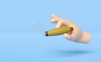 3d hand holding cigar with smoking isolated on blue background. 3d render illustration photo