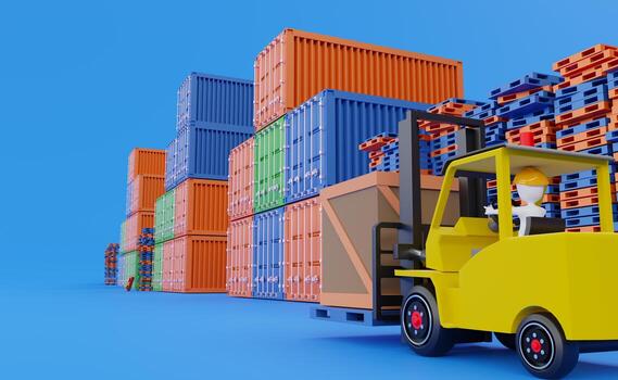 Stick man with shipping container for import export and forklift and goods and pallet ,logistic service concept ,3d illustration or 3d rendering photo