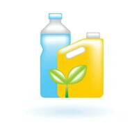 3D Bio Plastic Bottle Green Leaves Icon. Eco Sustainability Environmental Concept. Glossy Glass Plastic Color. Cute Realistic Cartoon Minimal Style. 3D Render Vector Icon UX UI Isolated Illustration.