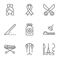 Pack of isolated vector symbols drawn in line style. Editable stroke. Icons of nurse, cancer ribbon, scissors, knife, medication, operating, dropper, surgery tools