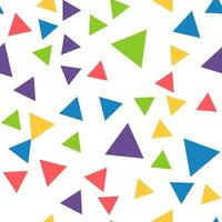 Geometric seamless pattern of red, green, yellow, blue, purple triangles for textile, paper and other surfaces vector