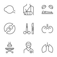 Pack of isolated vector symbols drawn in line style. Editable stroke. Icons of fracture, eye, operating, knuckles, surgical tools, the kidneys, doctor, lungs