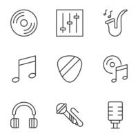 Pack of isolated vector symbols drawn in line style. Editable stroke. Icons of disk, equalizer, saxophone, medical note, mediator, headphones, microphone