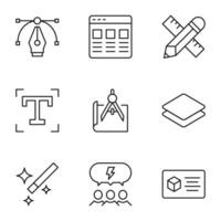 Pack of isolated vector symbols drawn in line style. Editable stroke. Icons of pen, landing page, liner and pencil, t letter, compass, document, staff, business card