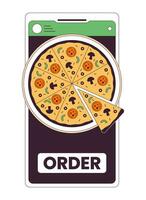 Order pizza by smartphone flat line concept vector spot illustration. Using gadget for buying food 2D cartoon outline object on white for web UI design. Editable isolated color hero image