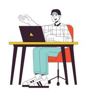 Universidad estudiante sentado a mesa plano línea color vector personaje. editable contorno lleno cuerpo persona en blanco. estudiante escritorio ordenador portátil sencillo dibujos animados Mancha ilustración para web gráfico diseño