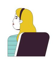 Caucasian young female student sitting in chair behind flat line color vector character. Editable outline half body person on white. Learning simple cartoon spot illustration for web graphic design