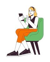 Woman sitting on chair flat line color vector character. Editable outline full body person on white. Caucasian lady typing on smartphone simple cartoon spot illustration for web graphic design