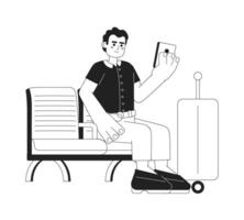 Optimistic traveler looking on smartphone monochromatic flat vector character. Editable full body person sitting on wooden bench on white. Simple bw cartoon spot image for web graphic design