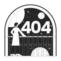 Female astronomy black white error 404 flash message. Scientist observe sky. Monochrome empty state ui design. Page not found popup cartoon image. Vector flat outline illustration concept