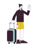 Goodbye waving man holding suitcase flat line color vector character. Editable outline full body person on white. Hello male luggage carrying simple cartoon spot illustration for web graphic design