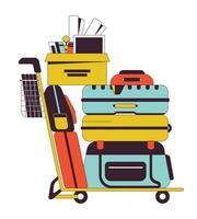 Luggage cart with stack of belongings flat line color isolated vector object. Moving, relocation. Editable clip art image on white background. Simple outline cartoon spot illustration for web design