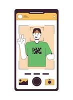 Taking photo on front camera flat line concept vector spot illustration. Using gadget 2D cartoon outline object on white for web UI design. Editable isolated color hero image